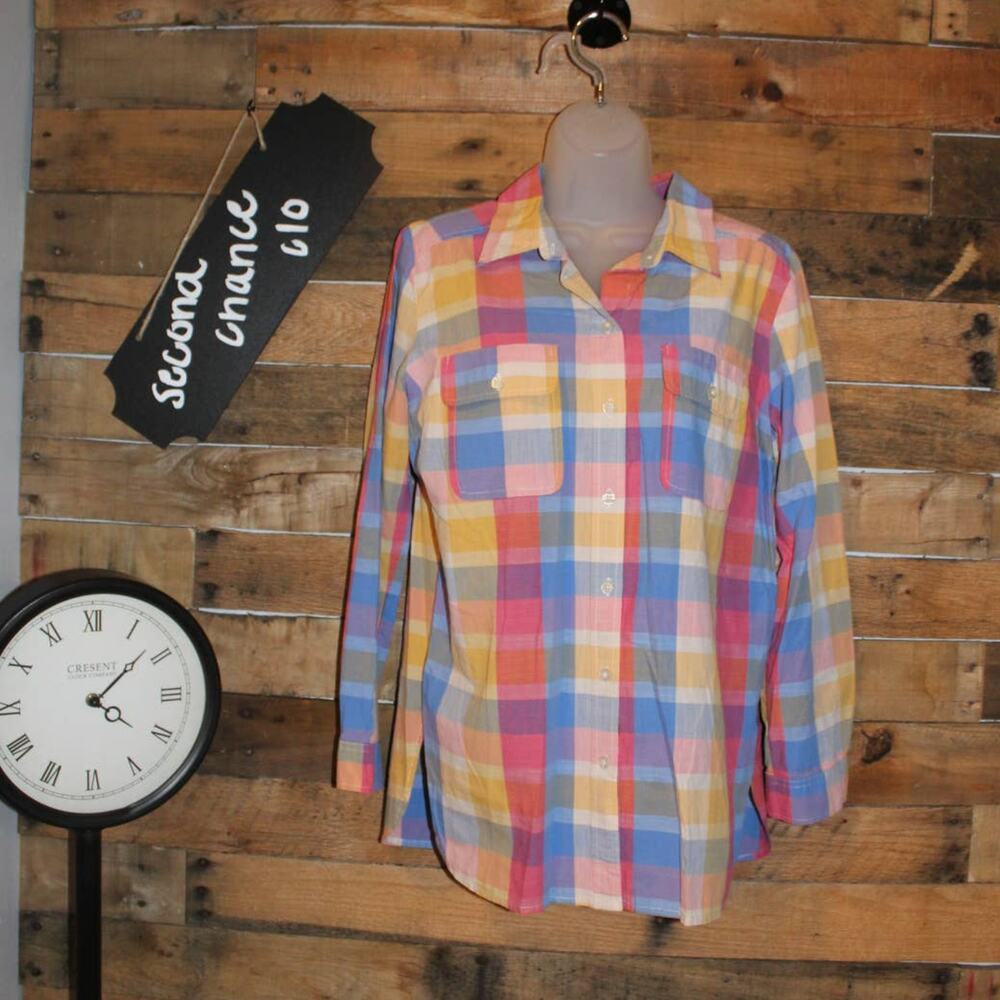 SALE-I Heart Ronson women's pastel plaid collar button up shirt size medium